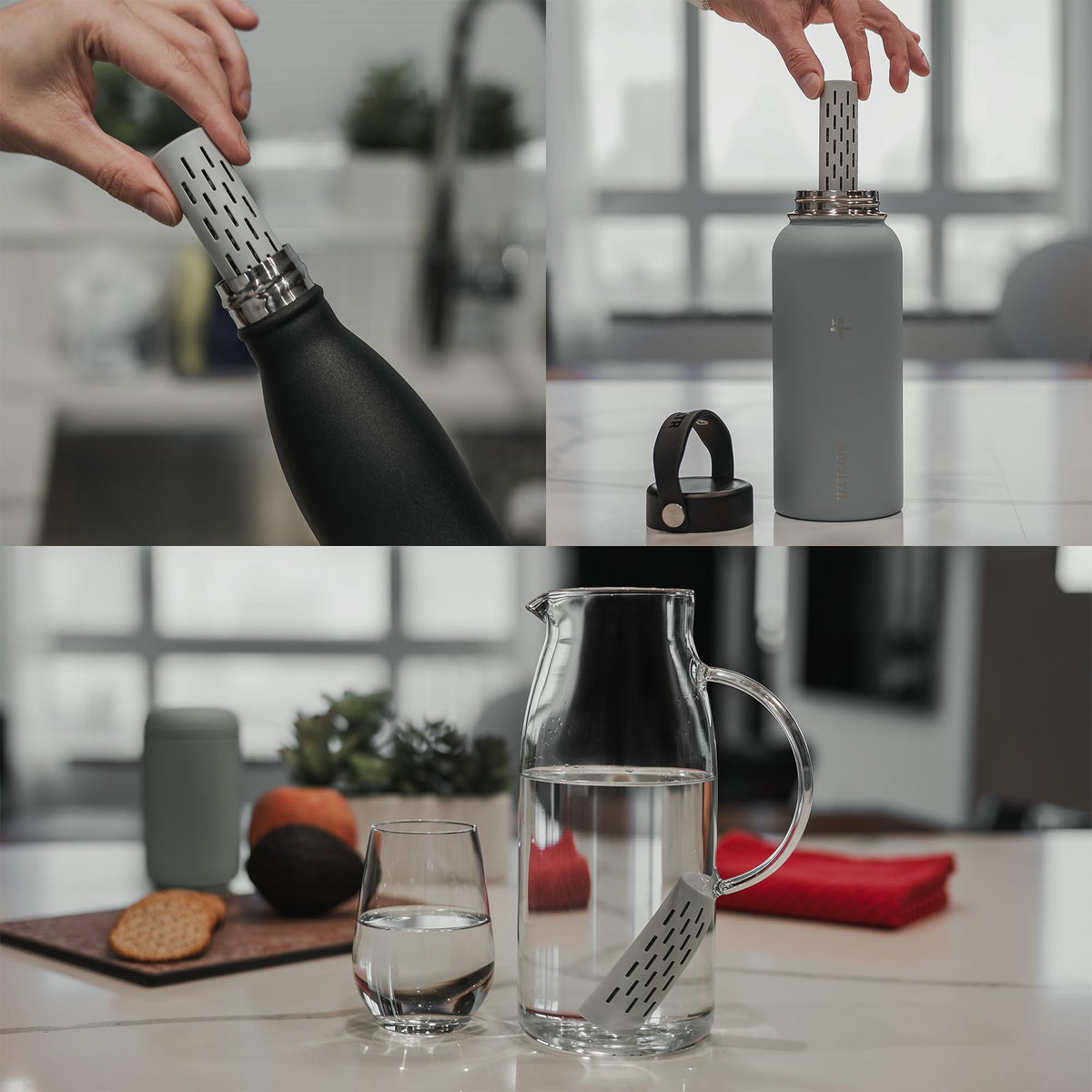 GOFILTR alkaline water pours from the infuser into a bottle for a crisp sip