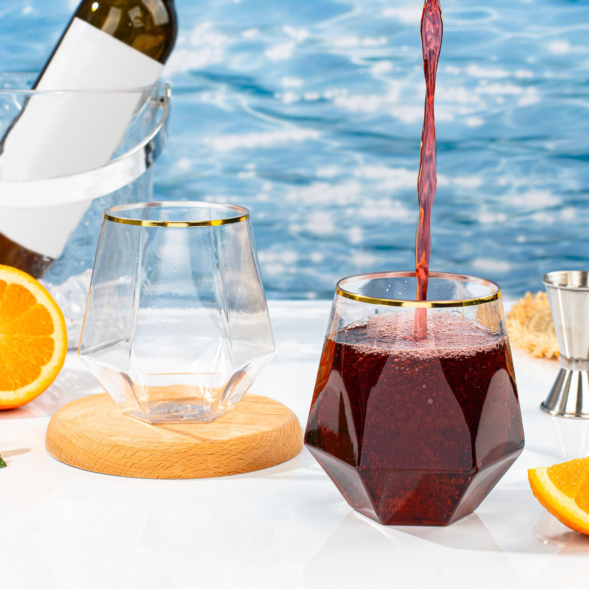 Goodluck wedding party plastic wine glasses provide versatile beverage service.