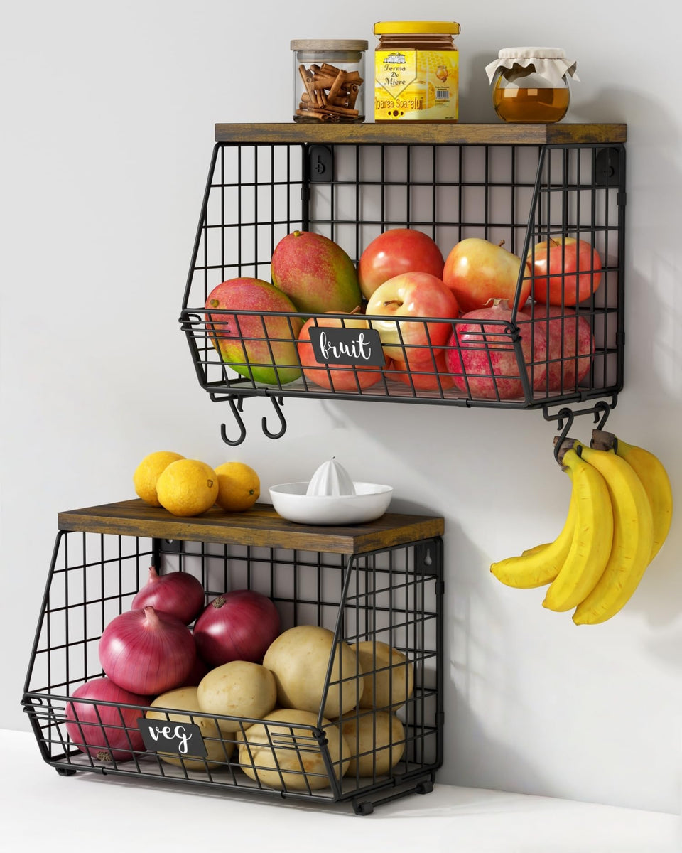 Goozii hanging wall fruit basket duo on wall, rustic black finish.