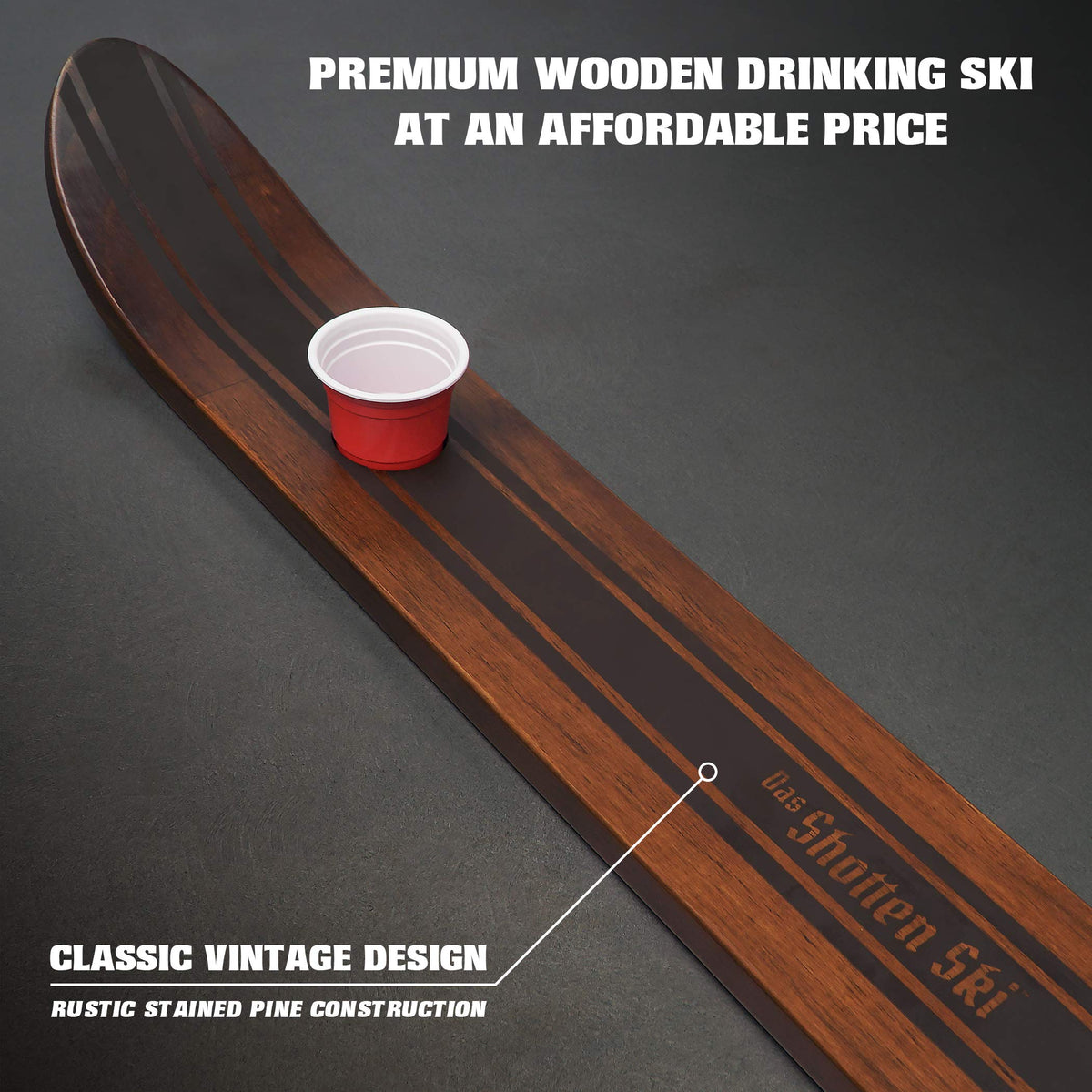 GoPong Das Shotten Ski includes 50 plastic shot cups for quick rounds.