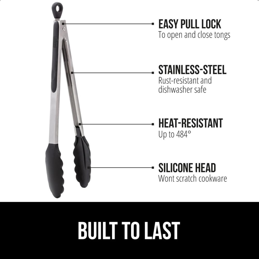 GORILLA GRIP 9-inch tong with silicone-edge for even grilling control.