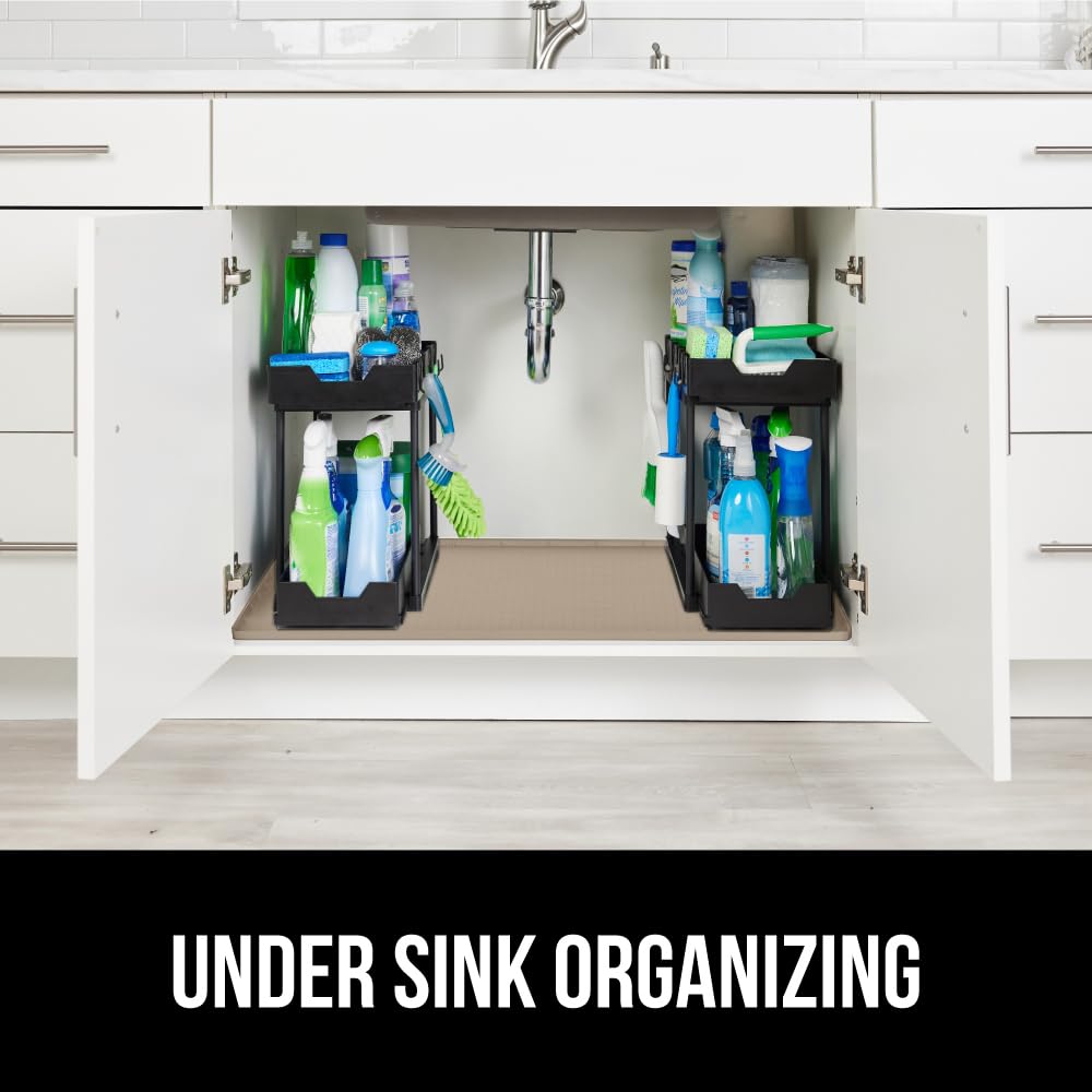 Beige color GORILLA GRIP under-sink mat blends with decor
