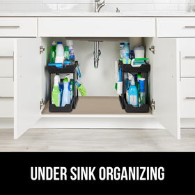Beige color GORILLA GRIP under-sink mat blends with decor