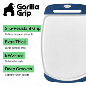 GORILLA GRIP blue cutting board with deep juice grooves for easy cleanup.