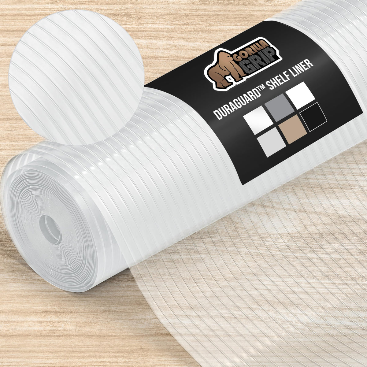 GORILLA GRIP DuraGuard strong grip liner keeps shelves steady and items from shifting.
