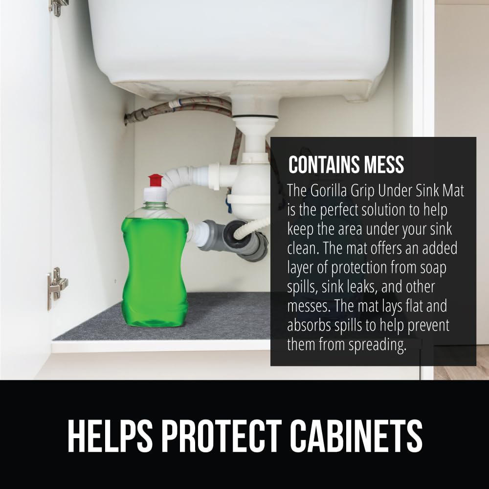 Non-slip backing keeps LeakGuard mat in place under sinks