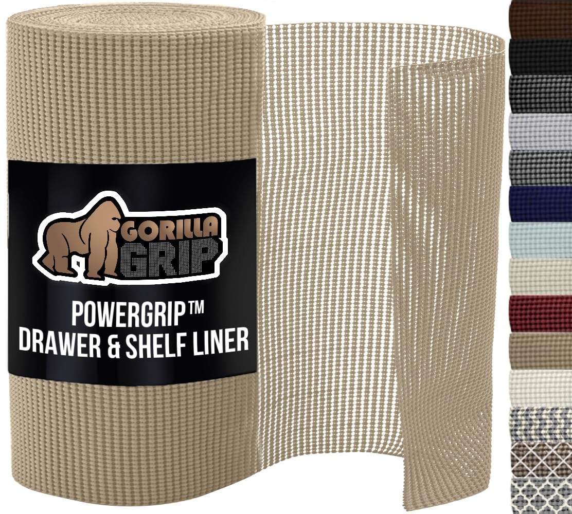 GORILLA GRIP powerGRIP drawer liner beige keeps items in place and protects surfaces.