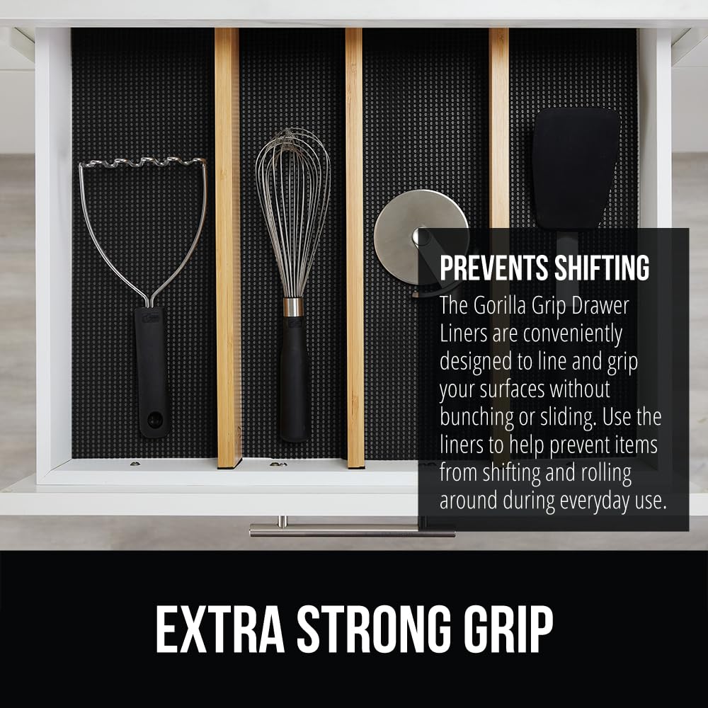 GORILLA GRIP powerGRIP drawer liner in cabinet-shelf view keeps items stable and cabinets protected