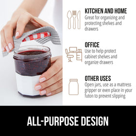 Kitchen drawer setup with light-gray liner protecting surfaces