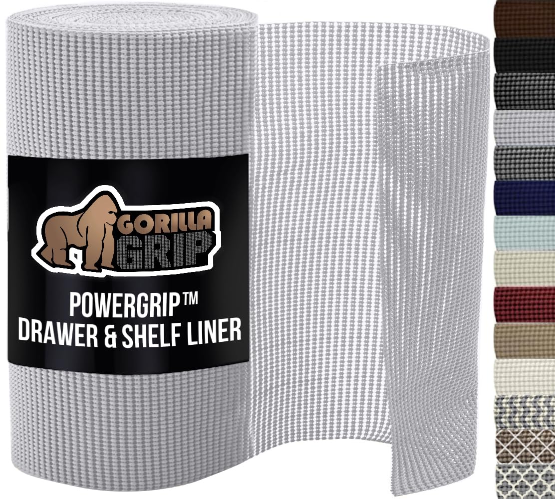 GORILLA GRIP powerGRIP light-gray drawer liner rolled for easy installation and organization