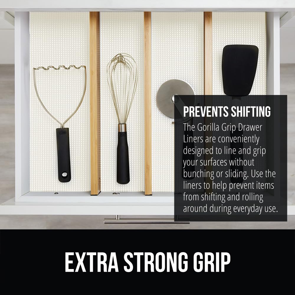 GORILLA GRIP powerGRIP drawer liner keeps items in place on shelves.