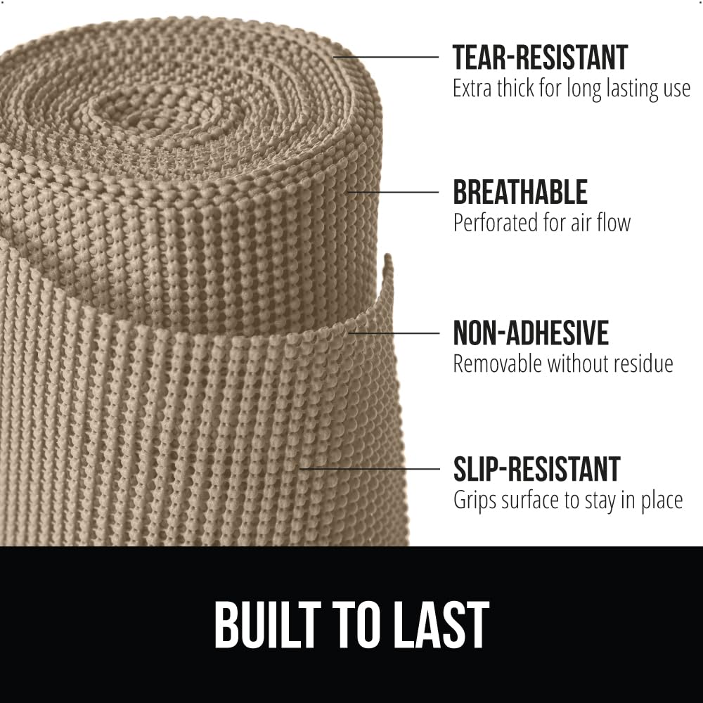 GORILLA GRIP powerGRIP shelf liner beige prevents shifting for organized storage.