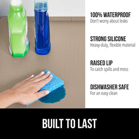 Raised lip edge on GORILLA GRIP under-sink mat contains liquids