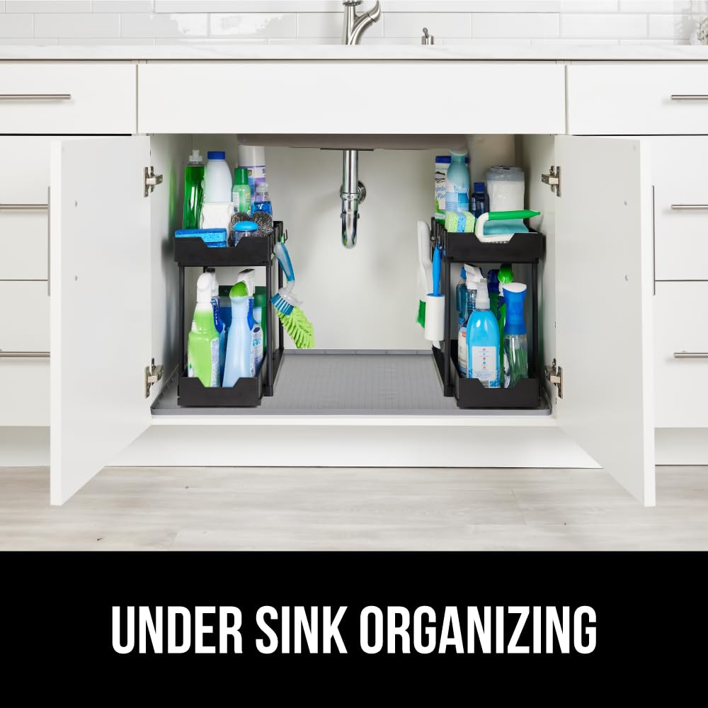 GORILLA GRIP easy-clean mat fits standard cabinets.