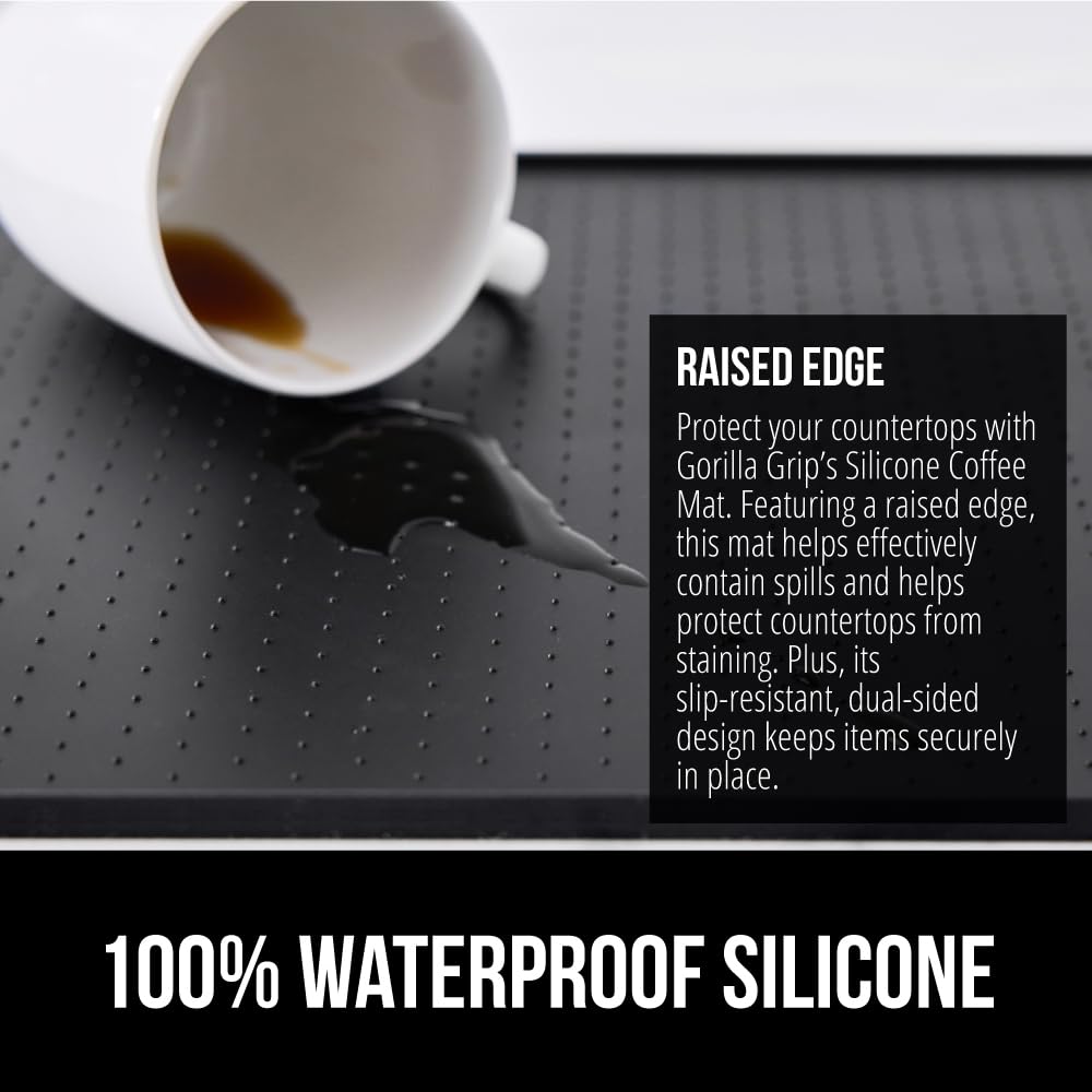 GORILLA GRIP silicone coffee mat, dishwasher safe for easy cleaning.