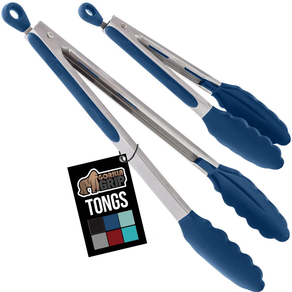GORILLA GRIP 9-inch stainless steel tongs with silicone edge for precise gripping.