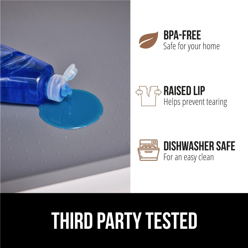 GORILLA GRIP mat is shown as dishwasher safe for easy cleaning.