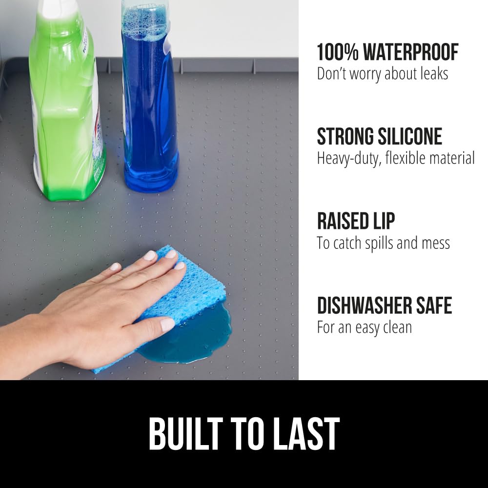GORILLA GRIP raised lip detail helps contain liquids at cabinet edge.