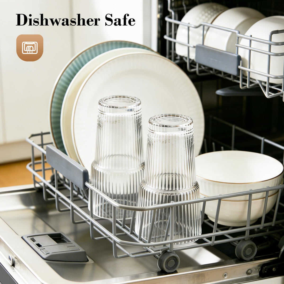GOSCHE two-pack glass cups with lids for organized fridge storage.