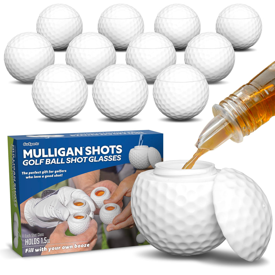 GoSports Mulligan Shots golf ball shot glasses set in retail packaging for easy gifting.