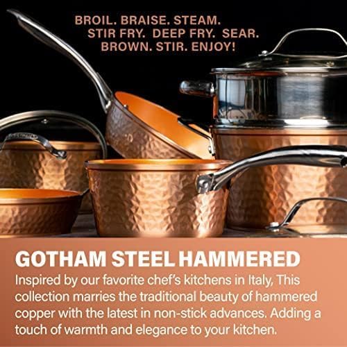 Gotham Steel Hammered 5qt stock pot with lid for family meals.