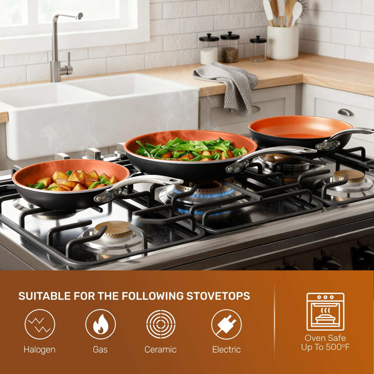 Gotham Steel oven-safe up to 500°F suitable for finishing dishes.