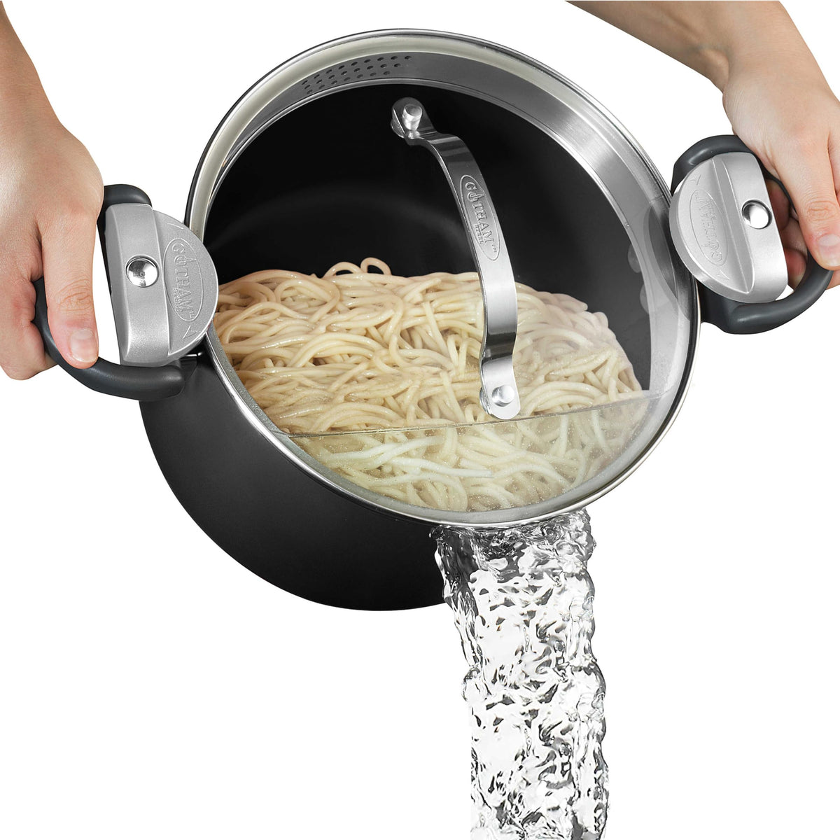GOTHAM STEEL Pasta Pot with Strainer Lid demonstrates easy draining and quick meal prep