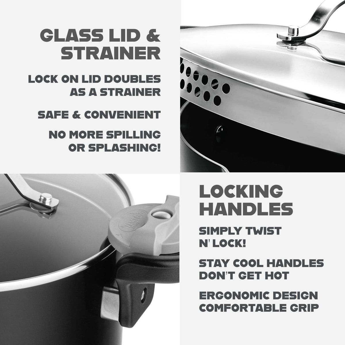 GOTHAM STEEL Pasta Pot shows ultra nonstick ceramic coating for simple release