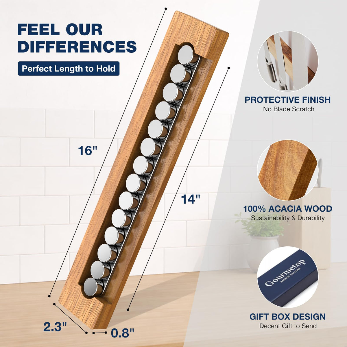 Gourmetop 16 inch knife strip with included screws for solid wall mounting.