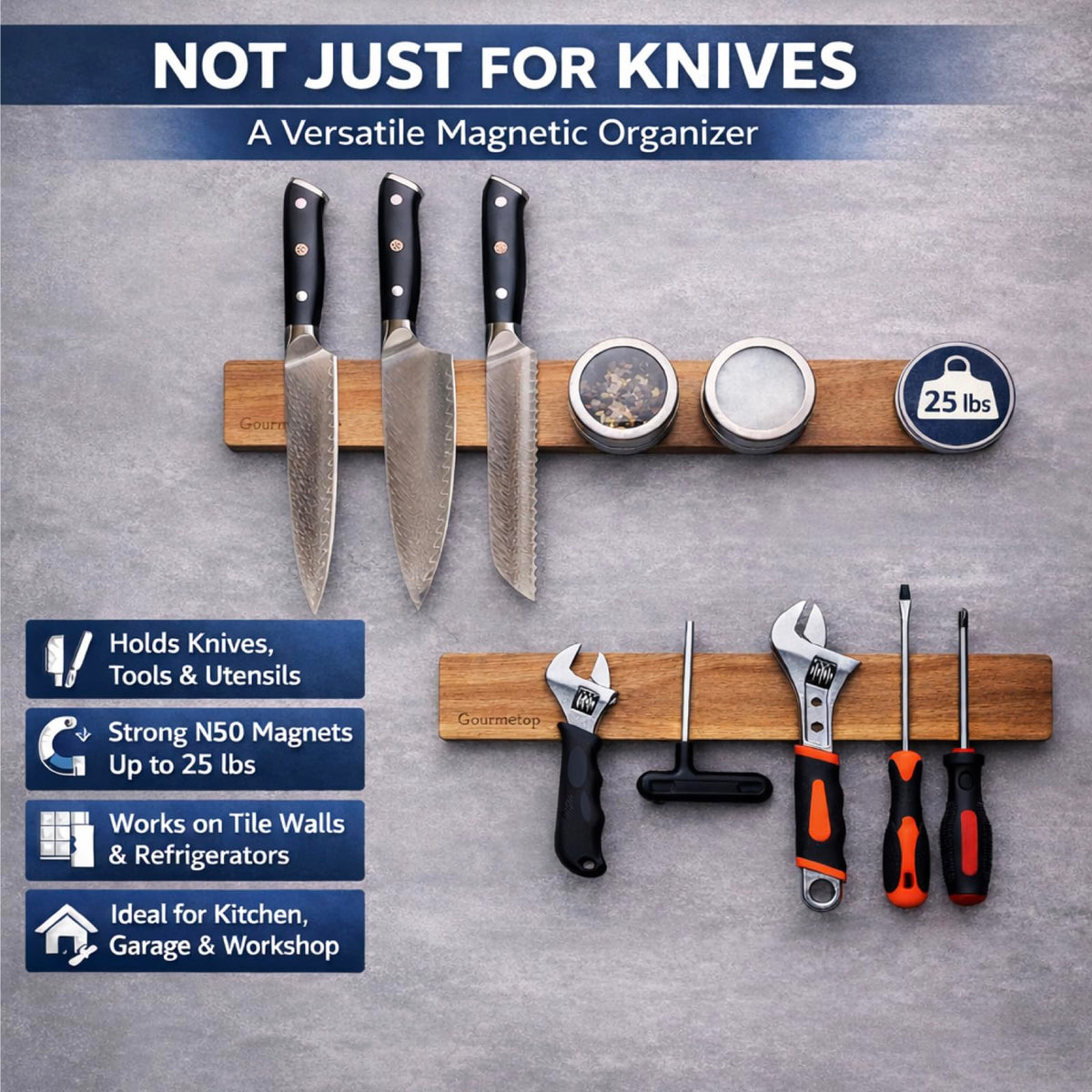 Gourmetop strong neodymium magnets securely holding various knives.