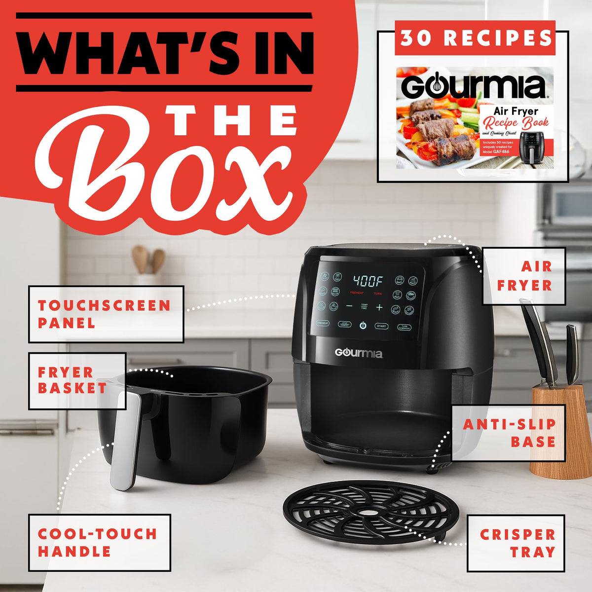 Gourmia 6 Qt digital display for quick, consistent presets.