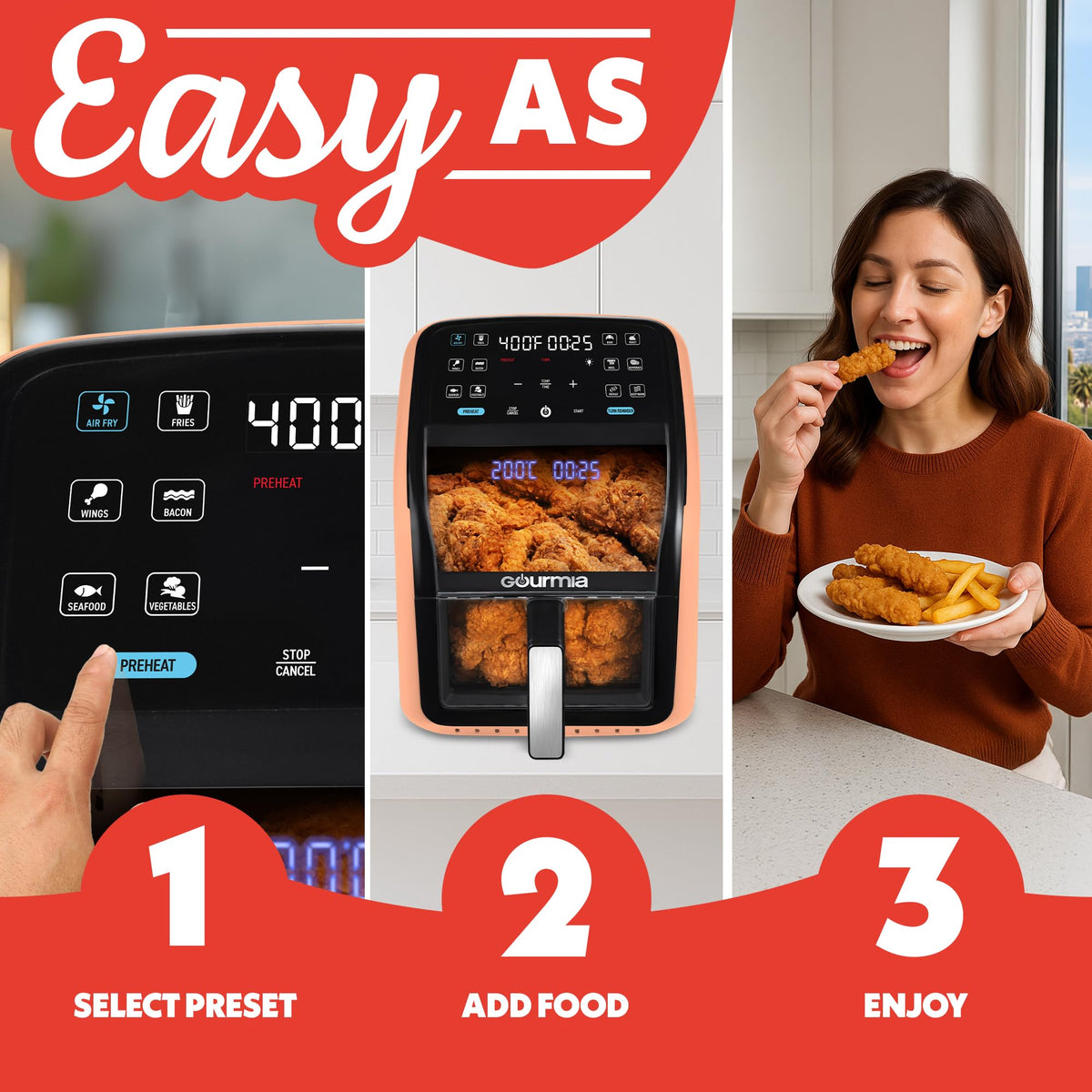 Gourmia Air Fryer 7QT 3D holographic display shows time and temperature.