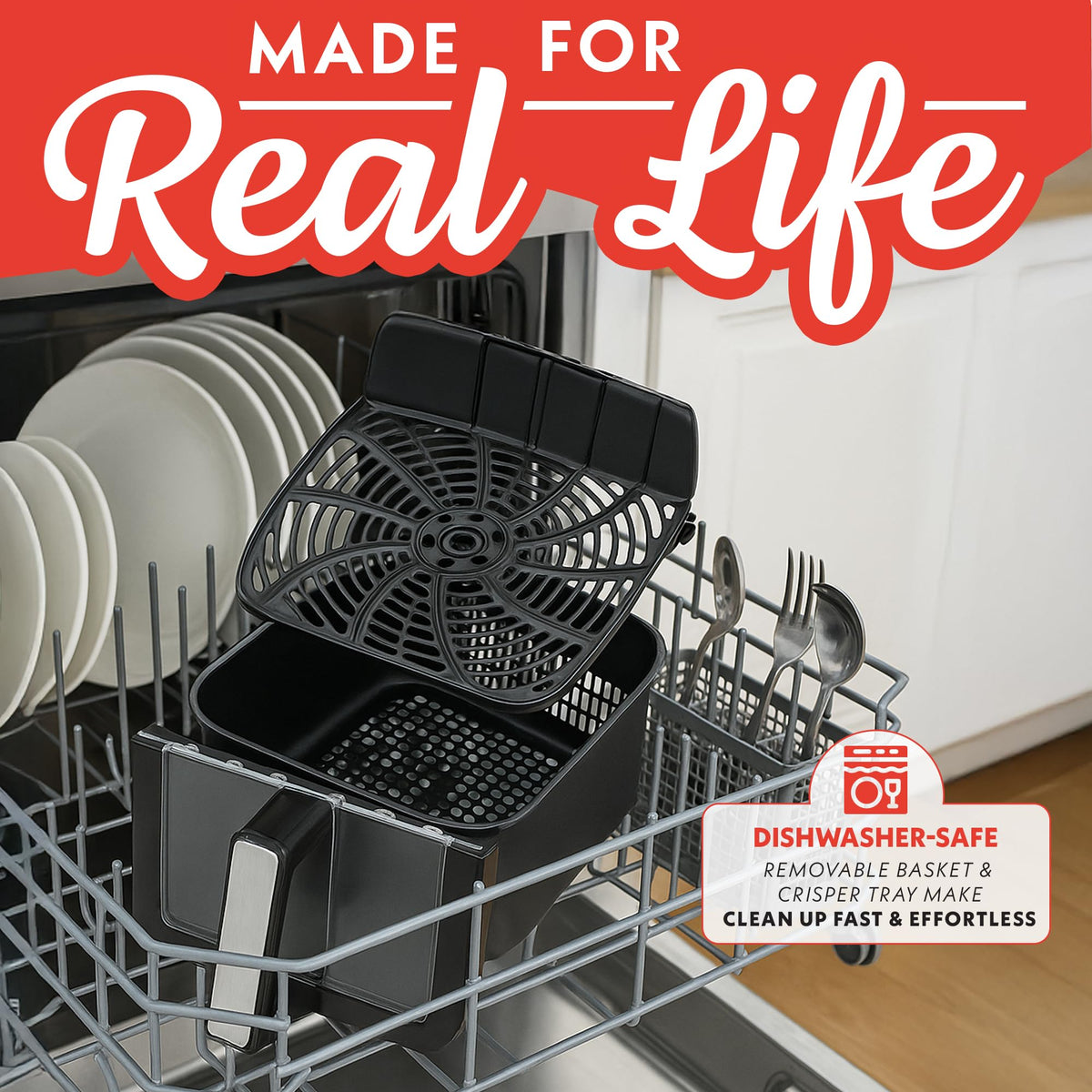 Gourmia Air Fryer 7QT dishwasher-safe accessories simplify cleanup after meals.