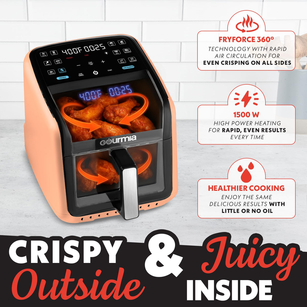 Gourmia Air Fryer 7QT FryForce 360 promotes even browning with rapid air circulation.