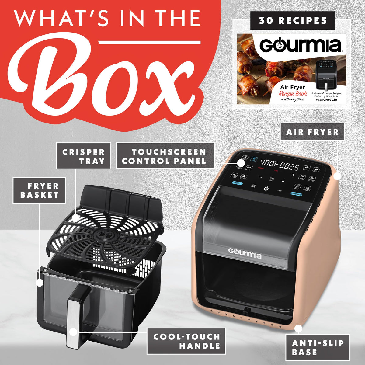 Gourmia Air Fryer 7QT mute mode reduces beeps for quieter kitchen sessions.