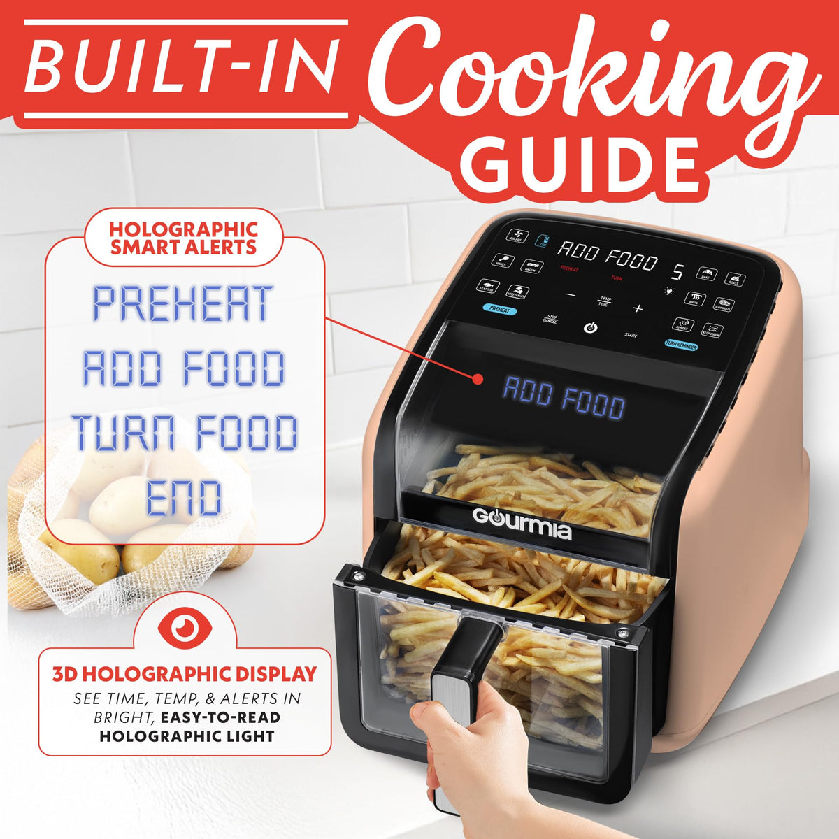 Gourmia Air Fryer 7QT preheat and turn reminders guide even cooking.