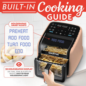 Gourmia Air Fryer 7QT preheat and turn reminders guide even cooking.