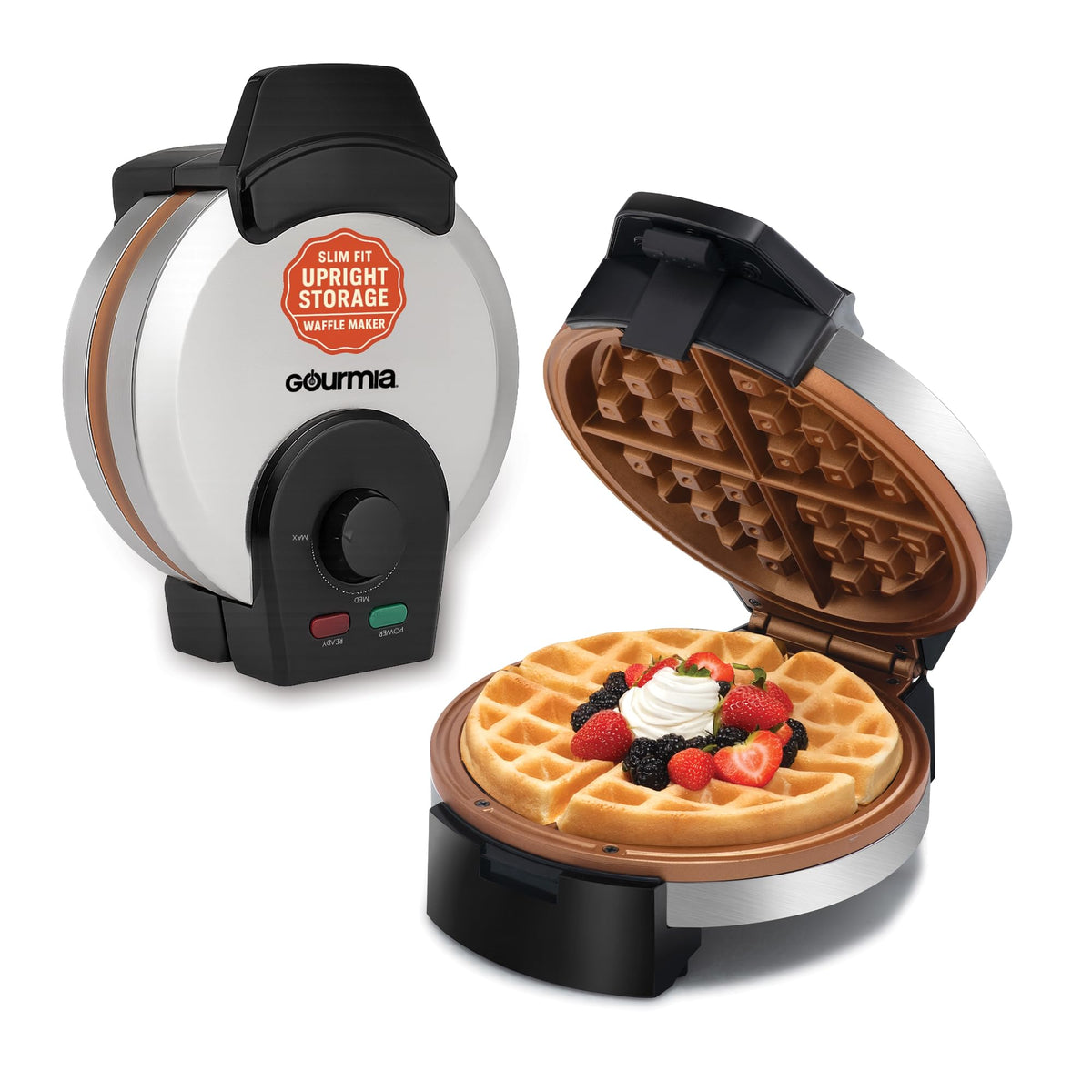 Gourmia Belgian Waffle Maker with compact storage saves counter space for small kitchens.