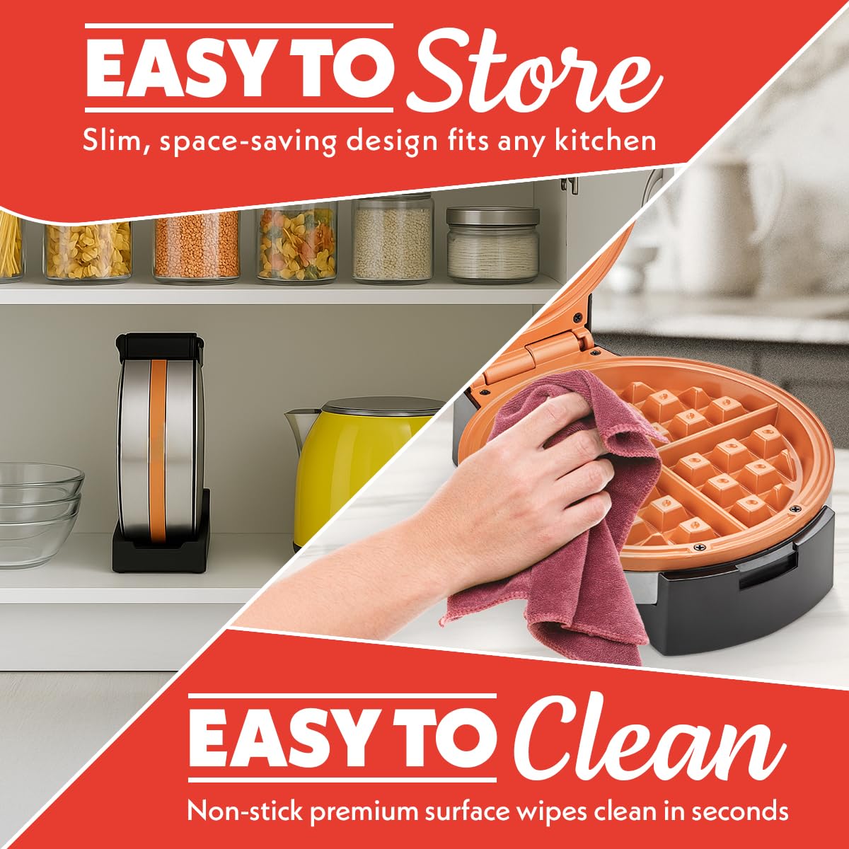 Gourmia Belgian Waffle Maker compact upright storage saves counter space