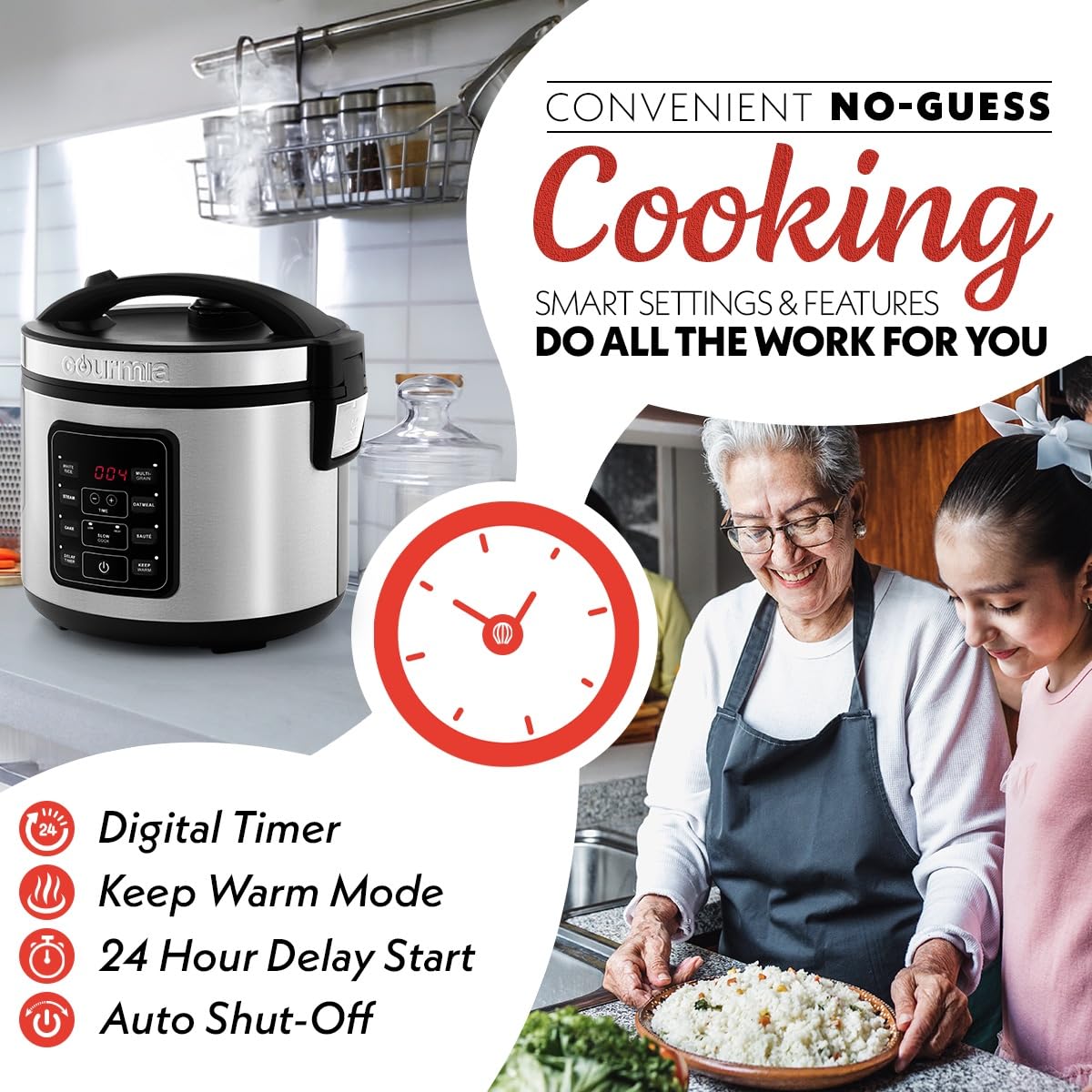 Keep warm function on Gourmia rice cooker to maintain ready-to-serve rice.