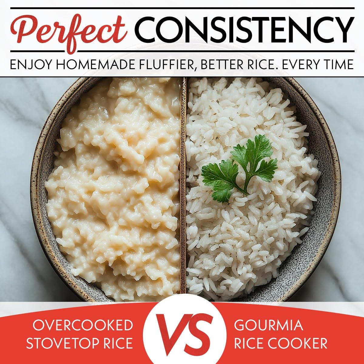 Included measuring cup and rice spatula with Gourmia rice cooker.