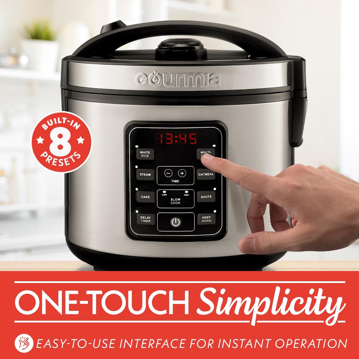 Compact, space-saving design of Gourmia rice cooker fits on small kitchen counters.