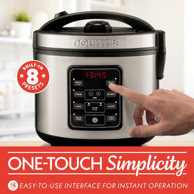 Compact, space-saving design of Gourmia rice cooker fits on small kitchen counters.