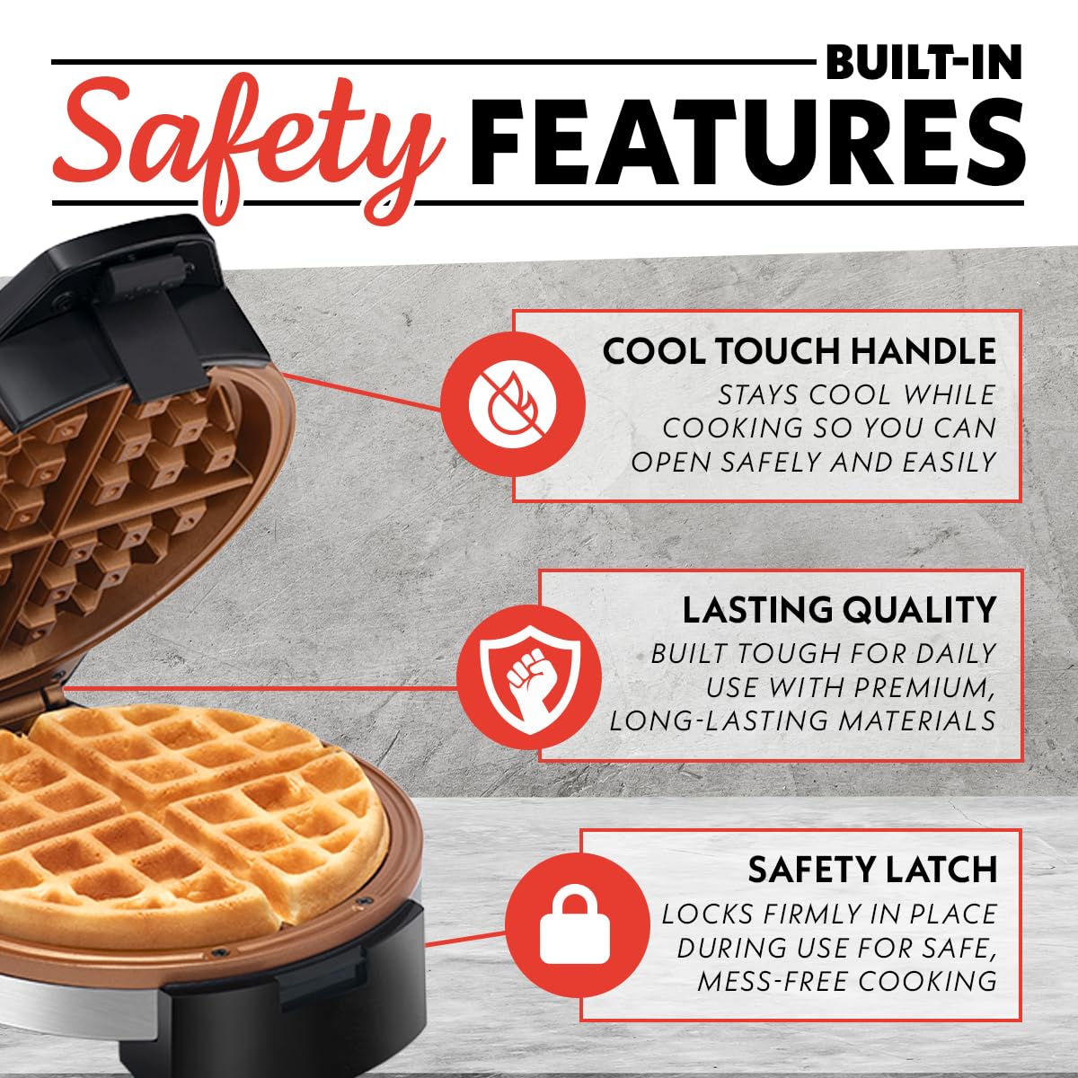Gourmia waffle maker in upright storage position to keep counters tidy when not in use.