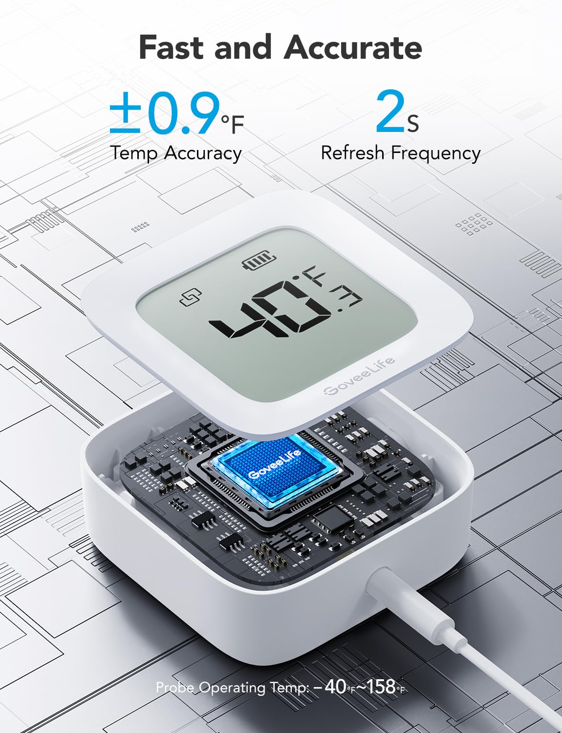GoveeLife slim probe and cable close-up for fridge or freezer fit