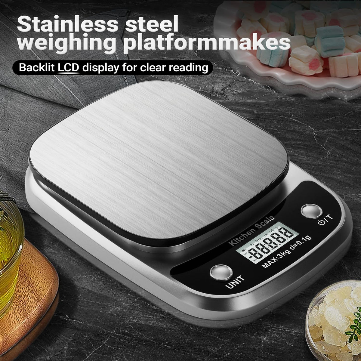 GRAM PRES kitchen scale with five units for various recipes and beverages.