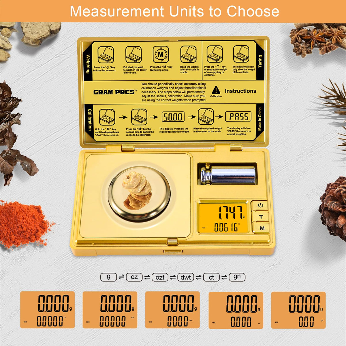 GRAM PRES kit with tweezers, spoon, and weighing pan for precise handling.