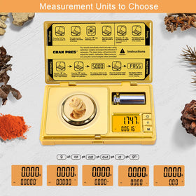 GRAM PRES kit with tweezers, spoon, and weighing pan for precise handling.