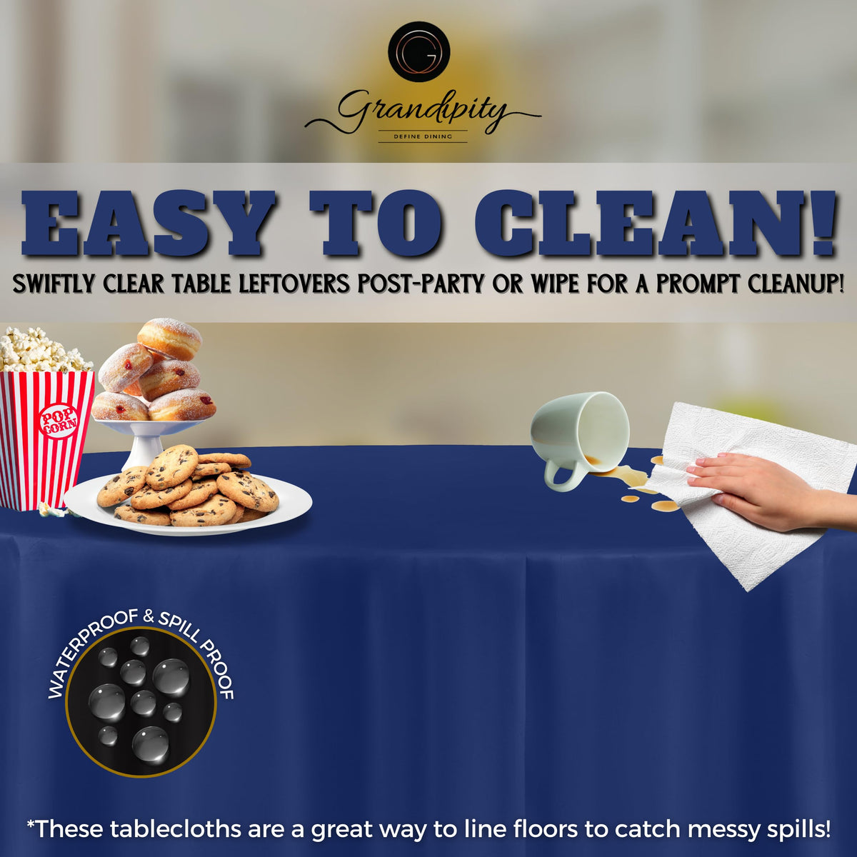 Grandipity 84-inch navy blue tablecloth enables quick cleanup after meals or events.
