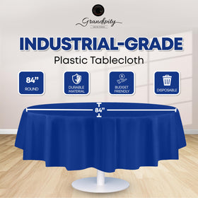 Grandipity 84in blue round tablecloth showing fade-resistant material for outdoor use.